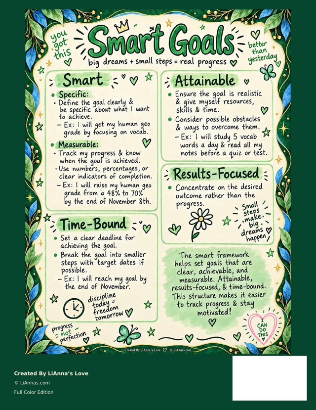 The hand-designed SMART Goals guide from the back cover of the planner
